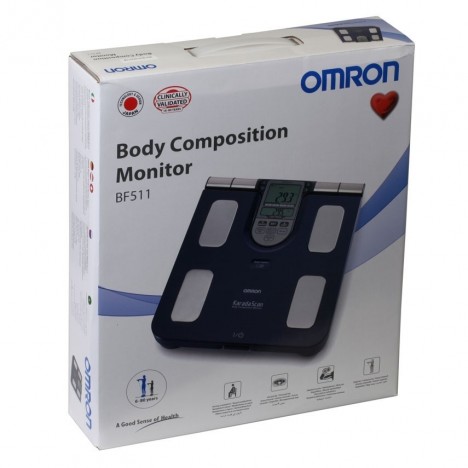 Omron BF 511 Full body composition monitor with 8 sensors - tracks weight, body fat, BMI, and more - family-friendly scale (6 years+) - 150 kg / 330 lbs capacity.