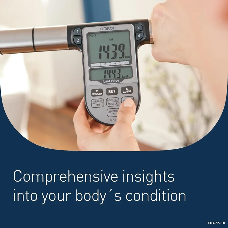 Omron BF 511 Full body composition monitor with 8 sensors - tracks weight, body fat, BMI, and more - family-friendly scale (6 years+) - 150 kg / 330 lbs capacity.